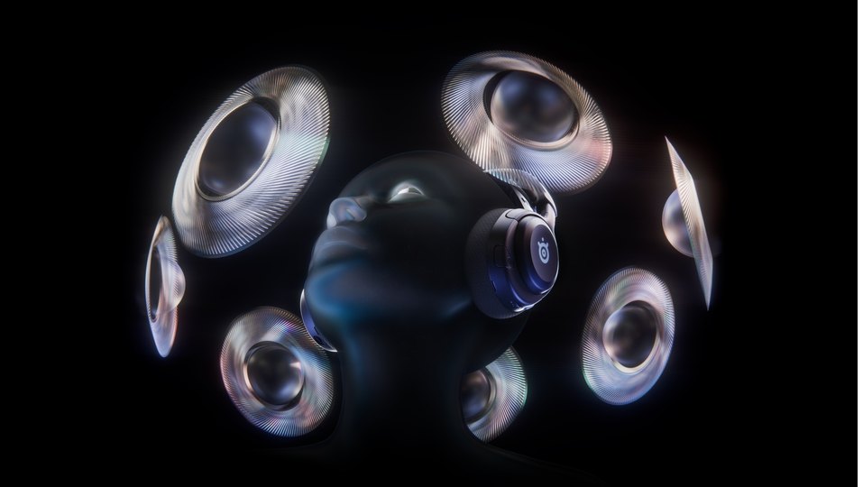 abstract image of a person wearing headphones around which speakers are floating to provide spatial sound.