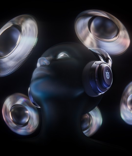 An abstract image of manikin wearing headphones, surrounded by levitating speakers.