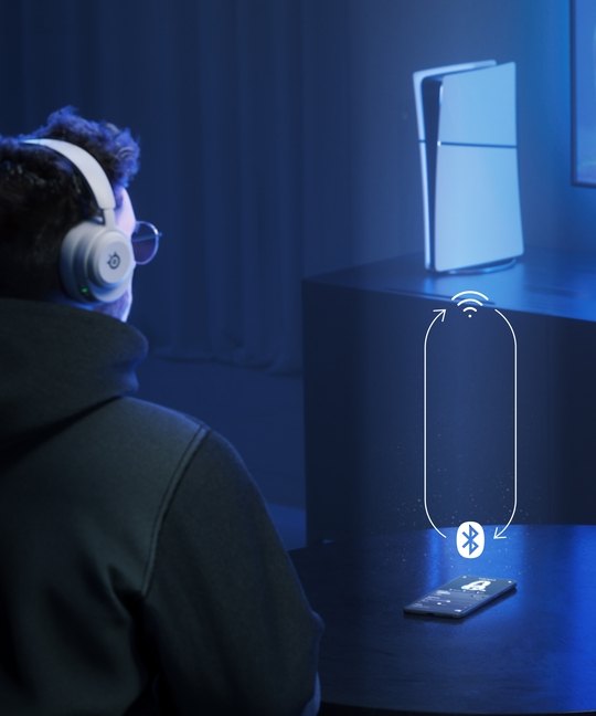 Image of a person playing games wearing the Arctis Nova 5 headset.