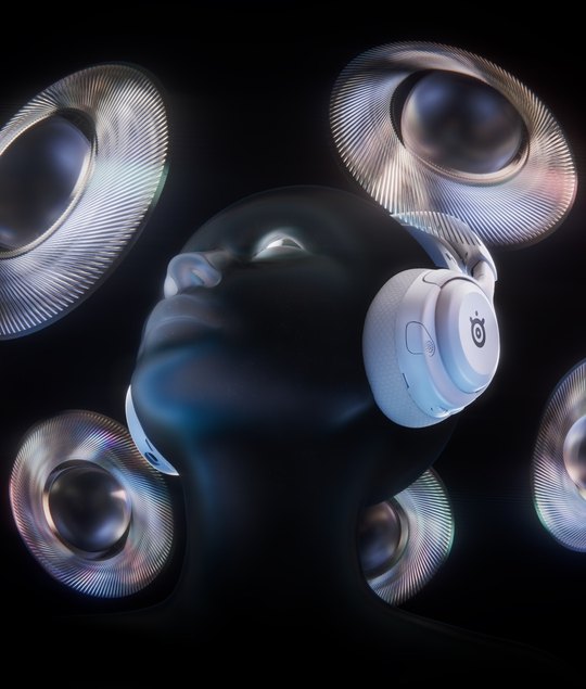 abstract image of a person wearing headphones around which speakers are floating to provide spatial sound.