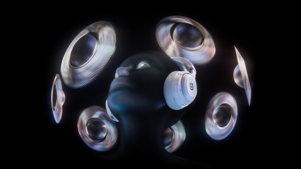 abstract image of a person wearing headphones around which speakers are floating to provide spatial sound.