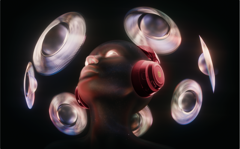 A mannequin-looking figure wearing a white Arctis Nova 7 Dragon Edition headset with abstract orbs hovering around them to illustrate spatial audio.