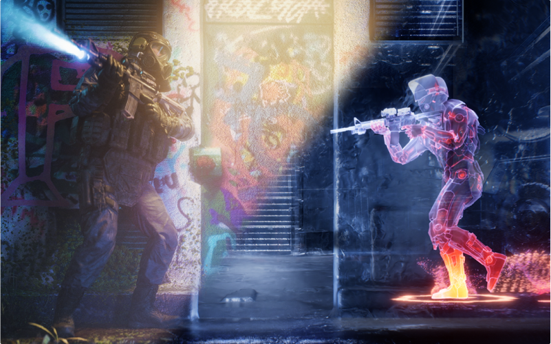 An abstract x-ray image showing a scene where a fighter sneaks up on their opponent.