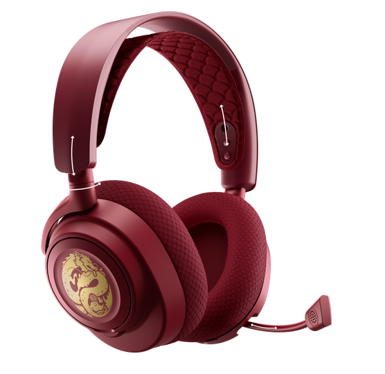 An angled view of the Arctis Nova 7 Dragon Edition with arrows showing the adjustable points.