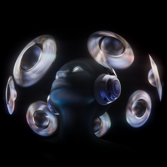 360 degree surround sound speakers around floating head.
