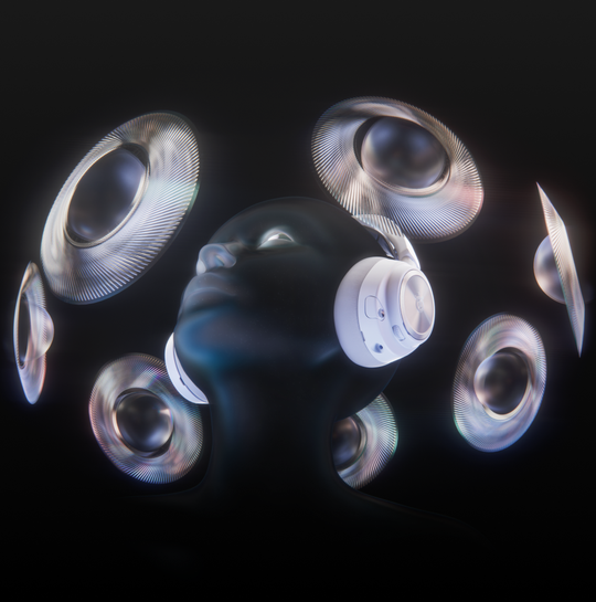360 degree surround sound speakers around floating head.