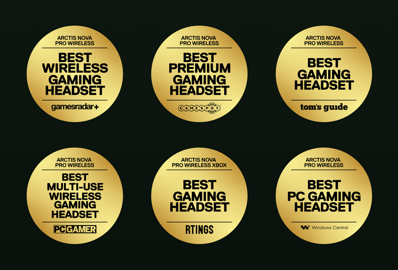 Picture displaying multiple award badges of Arctis Nova Pro Wireless headset.